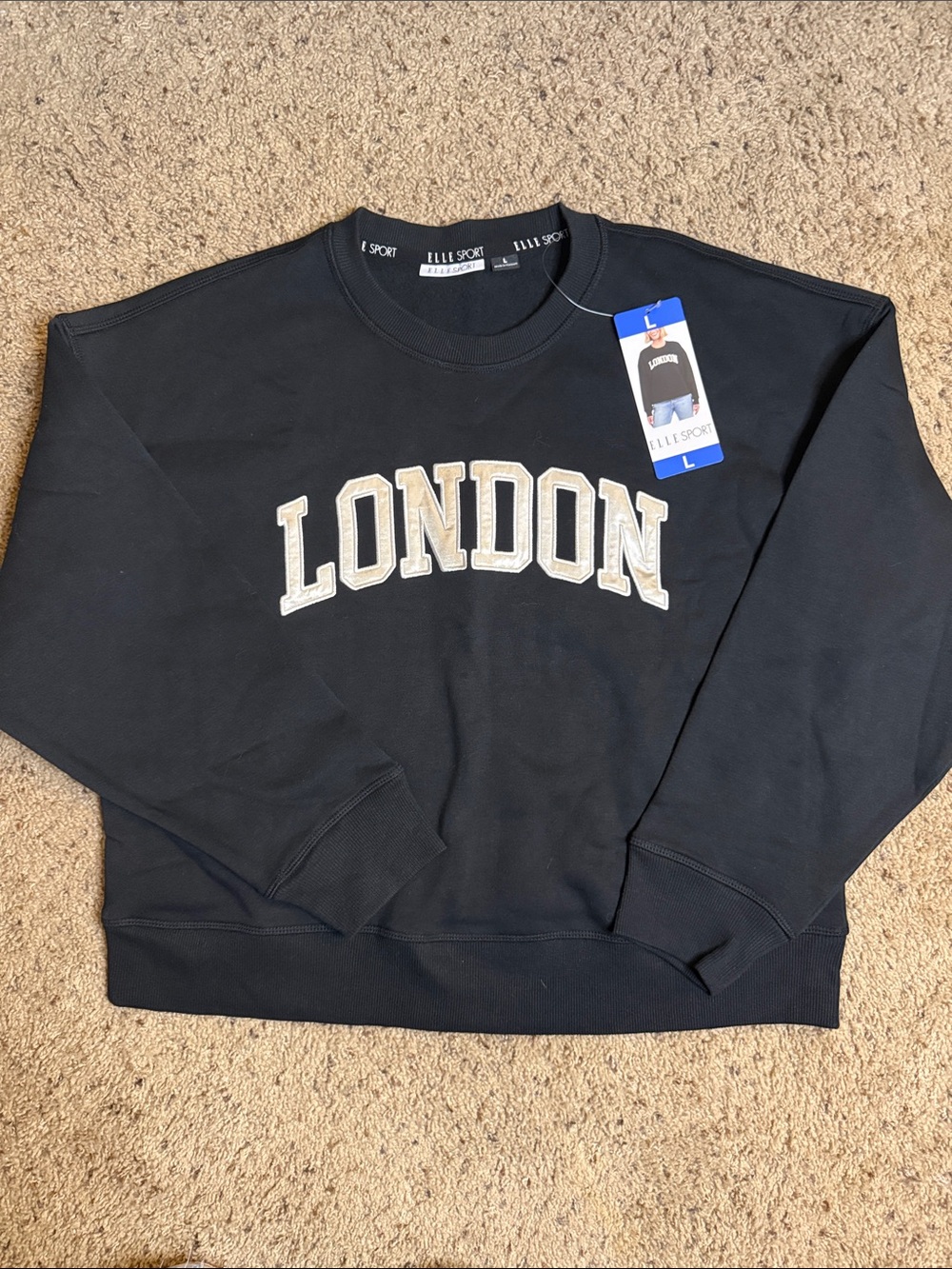 ELLE SPORT Black Crewneck Sweater with 'LONDON' Appliqué
